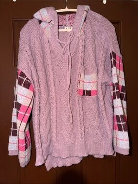 POL Pink Cable-Knit Hoodie with Plaid Sleeve Accents